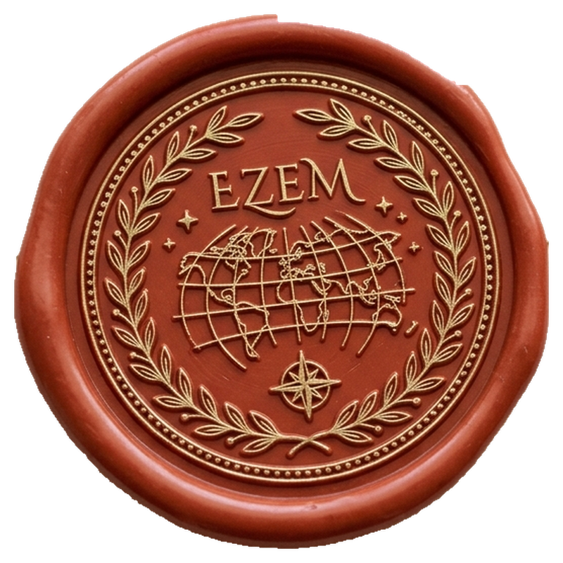 Selo de cera do EZEM: um globo, uma rosa dos ventos e uma coroa de oliveira gravados em dourado.